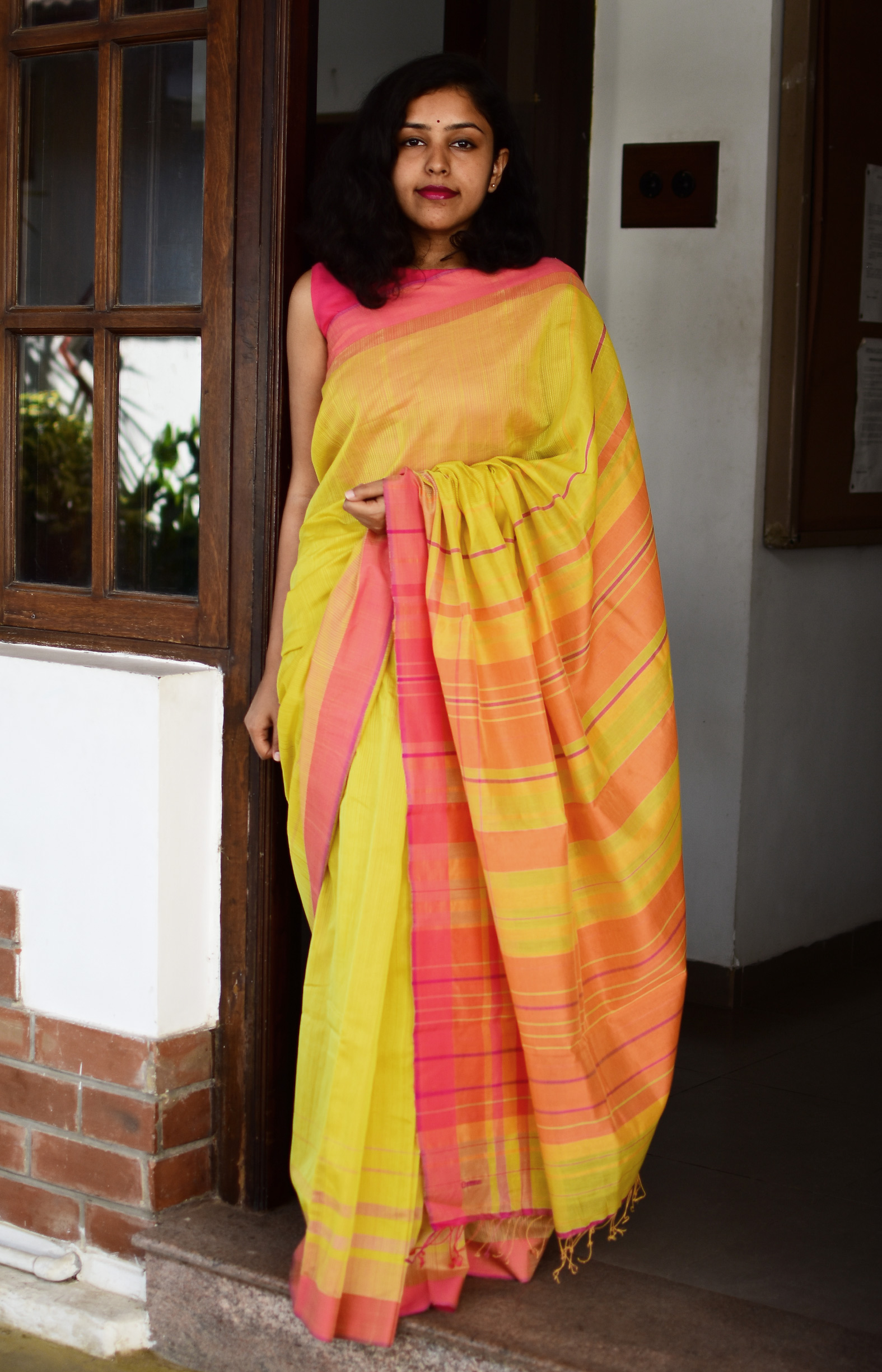 Yellow, Handwoven Organic Cotton, Textured Weave , Jacquard, Work Wear Saree